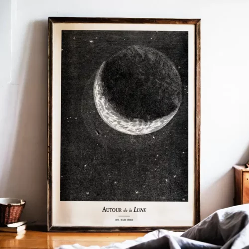 Affiche – Autour de la Lune : Le projectile face à la Lune (Jules Verne, 1870)