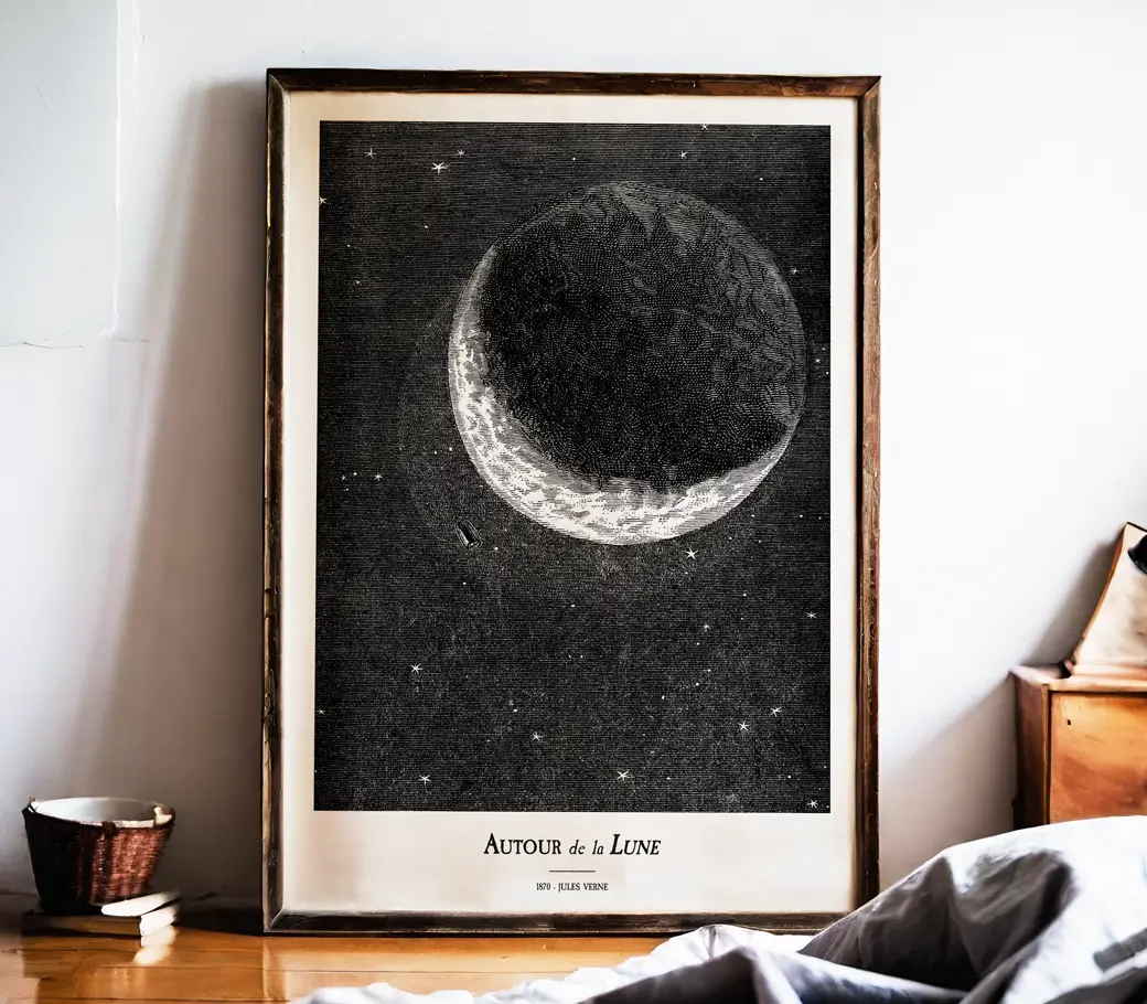 Affiche – Autour de la Lune : Le projectile face à la Lune (Jules Verne, 1870)